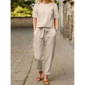 Full Size Round Neck Short Sleeve Top and Pants Set Plus Size